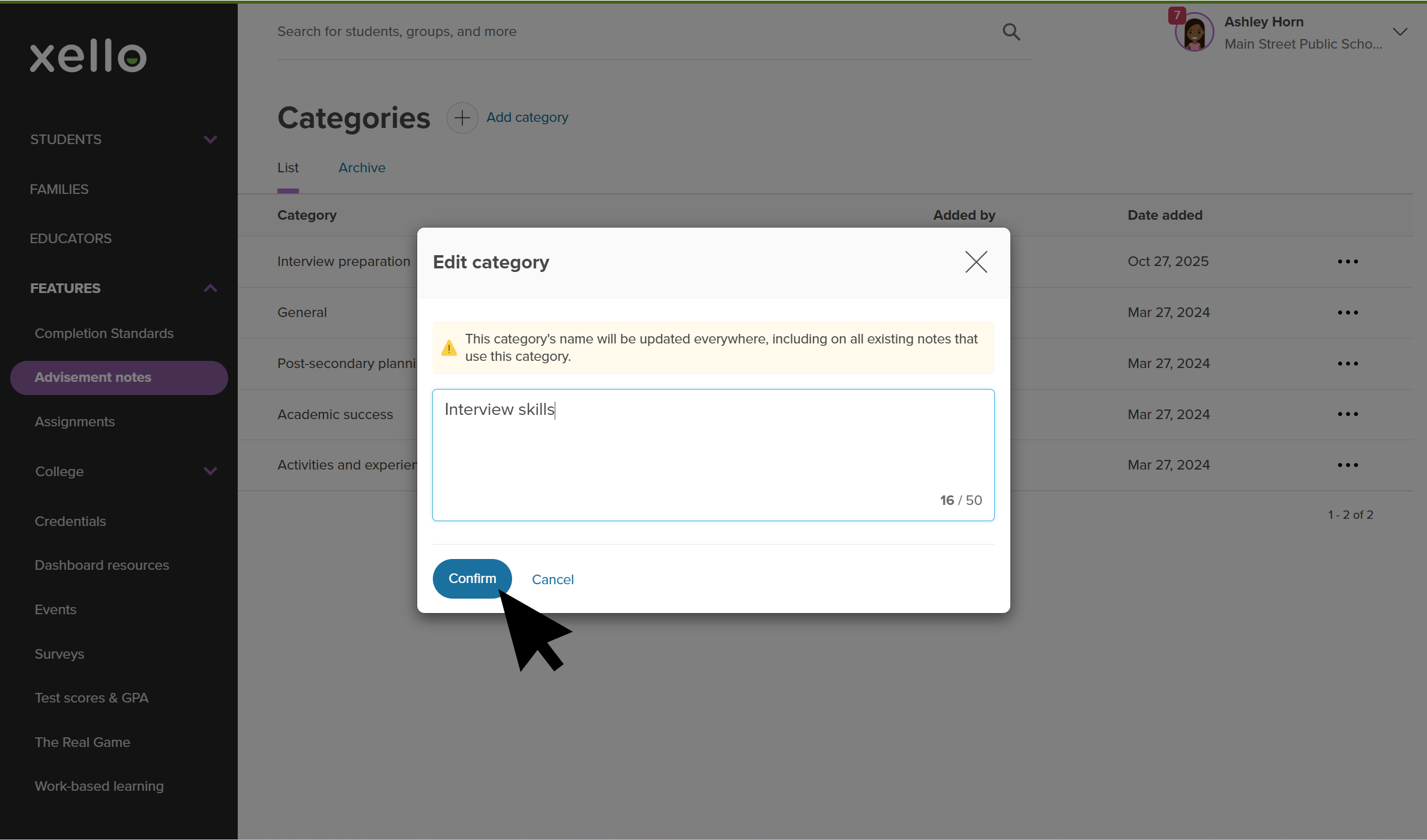 Educator account in Xello. An advisement note category is being edited. There's a banner that states the category's name will be updated everywhere, including on all existing notes that use the category. The cursor is clicking Confirm.